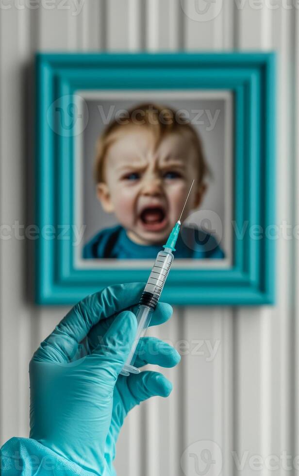 Capturing a moment of concern during vaccination. A syringe in hand contrasts with a crying childs portrait, emphasizing the emotional weight of vaccinations. photo