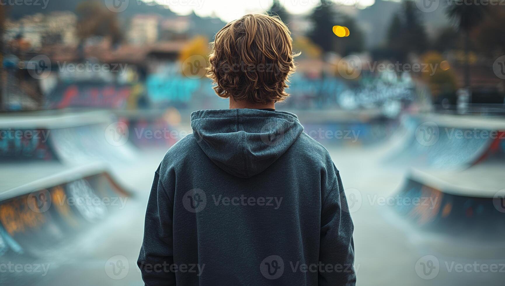 Young skater reflects at a quiet skatepark. A young skater stands with his back to the camera, contemplating the empty skatepark at dusk. photo