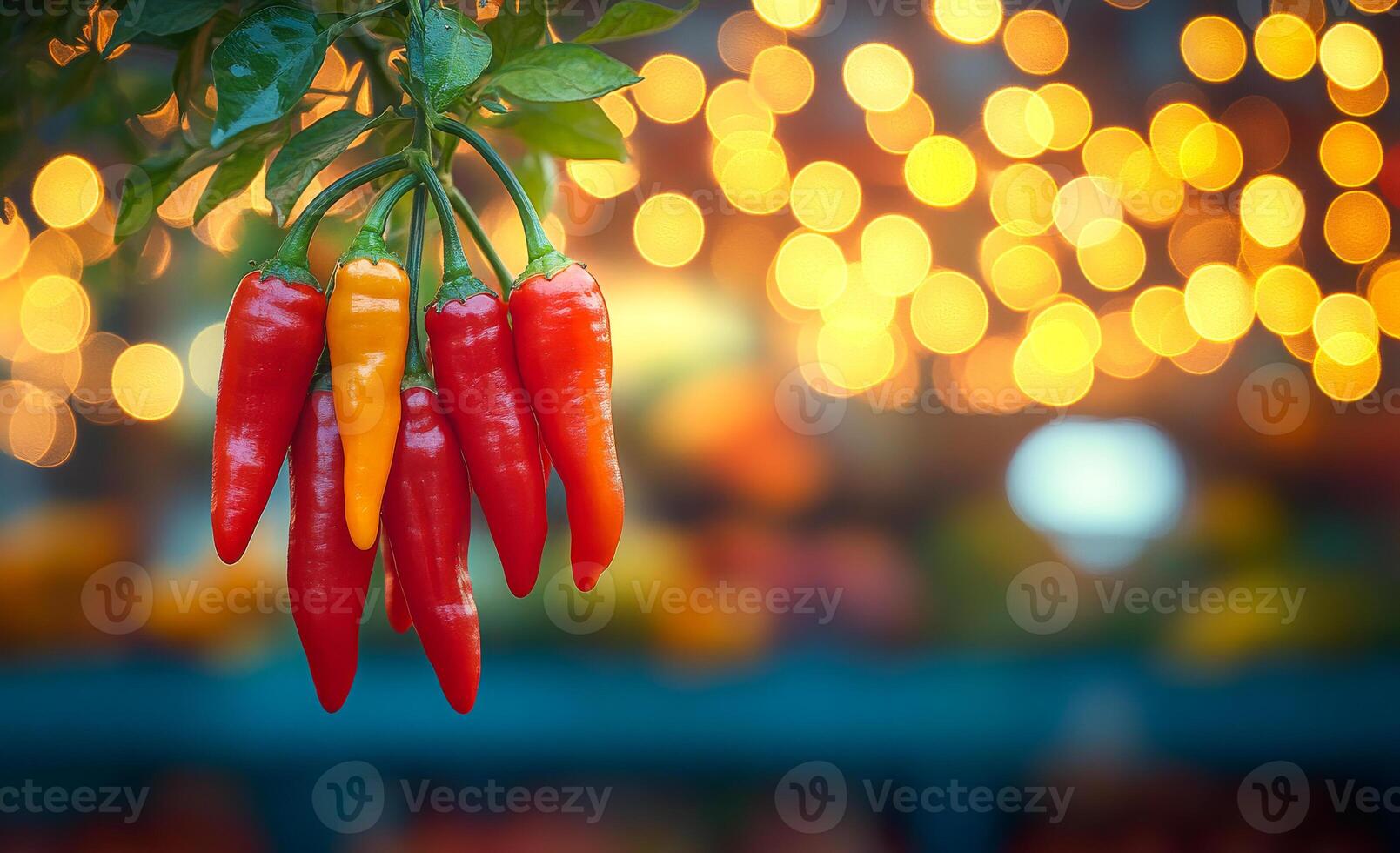 Peppers against a vivid backdrop. Red and yellow peppers hang from a green plant with blurred lights in the background, creating a lively atmosphere. photo