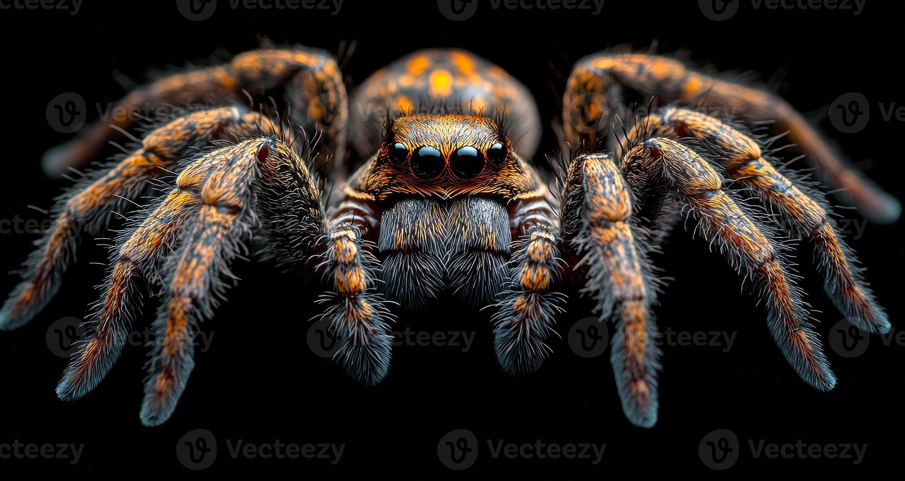 Colorful spider with striking patterns on its body. A vibrant spider displays its intricate patterns against a black background, emphasizing its unique traits. photo