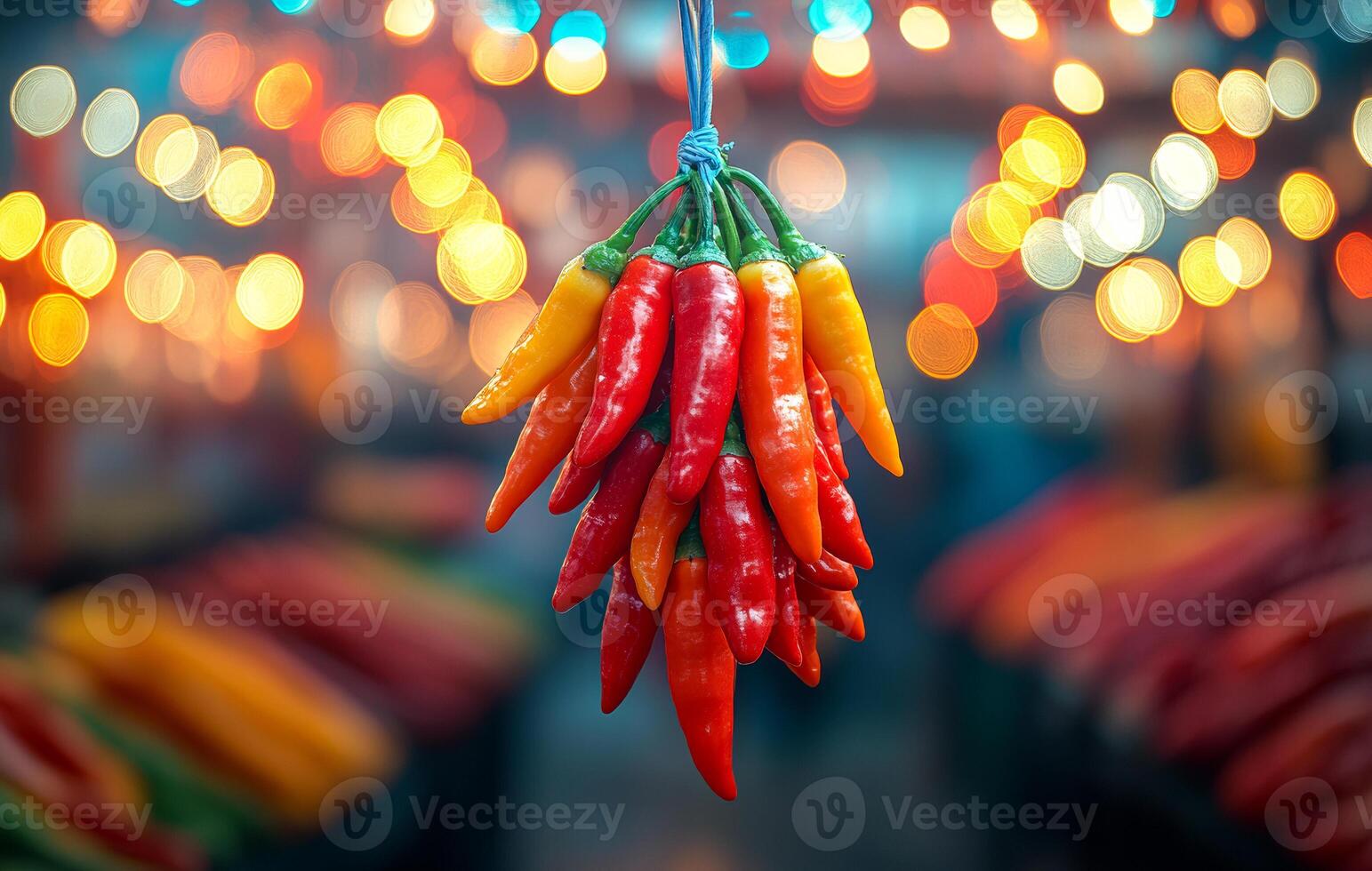 Vibrant display of chili peppers at market. Colorful chili peppers hang in a bustling market filled with bright lights, showcasing a variety of fresh produce. photo