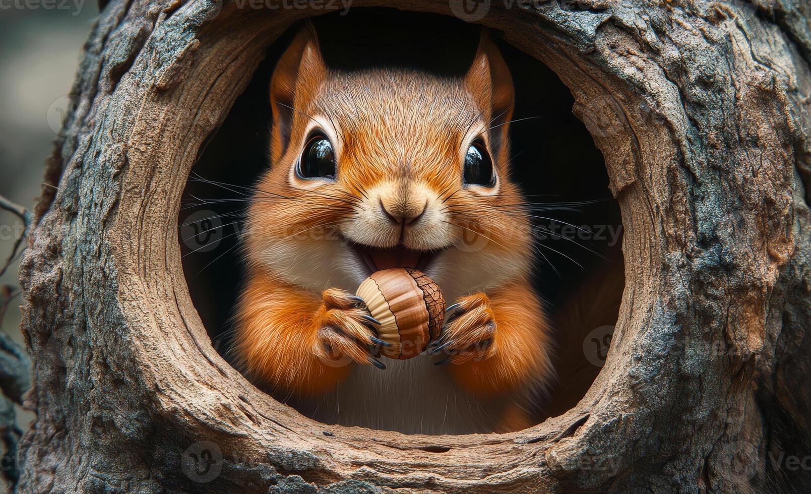 Squirrel delights in acorn inside tree trunk. A cute squirrel holds an acorn while nestled in the hollow of a tree trunk, showcasing its playful demeanor. photo