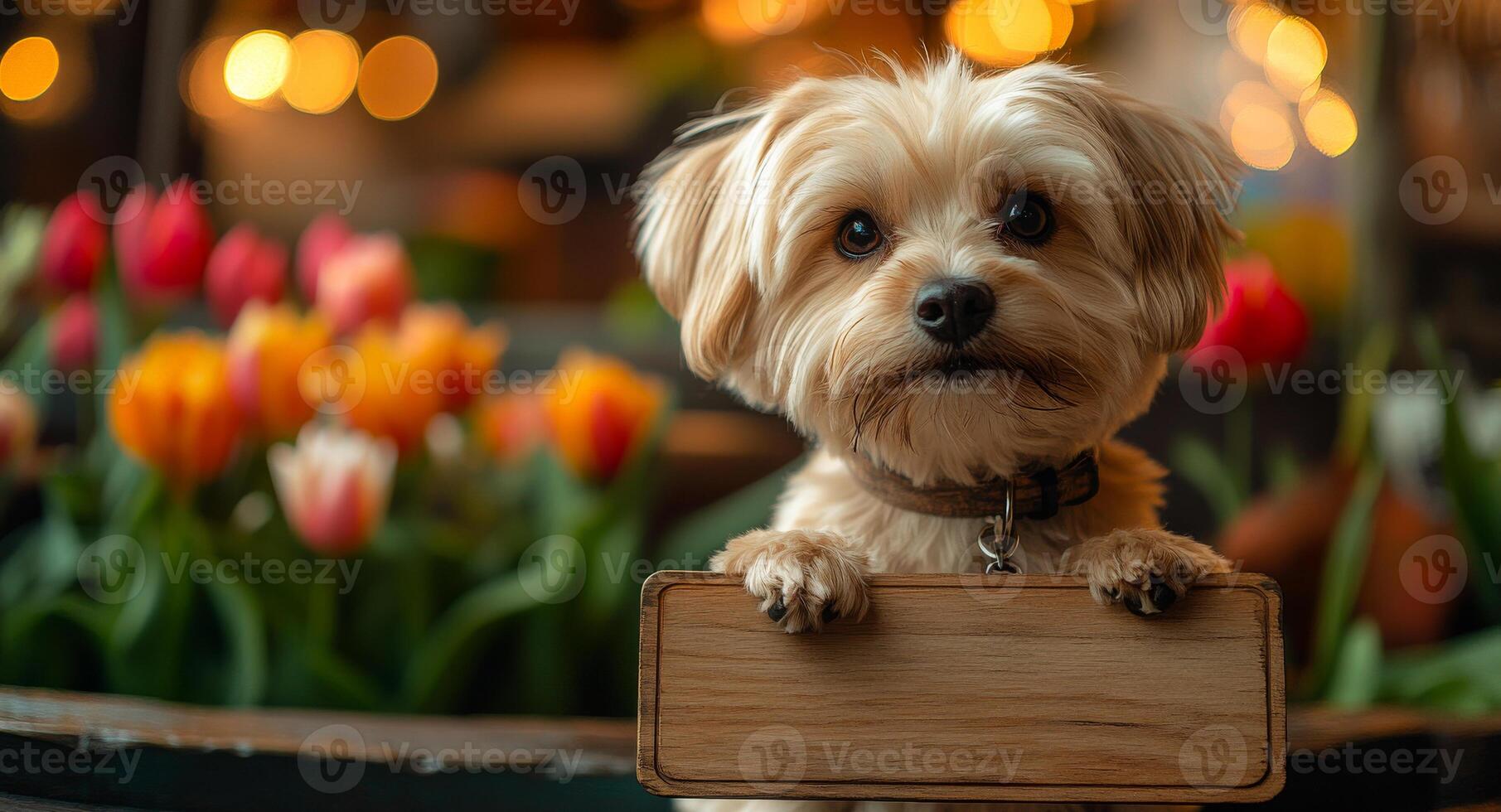 Cute dog holding a sign in a flower shop. A small dog poses with a wooden sign surrounded by vibrant tulips in a cozy flower shop setting. photo