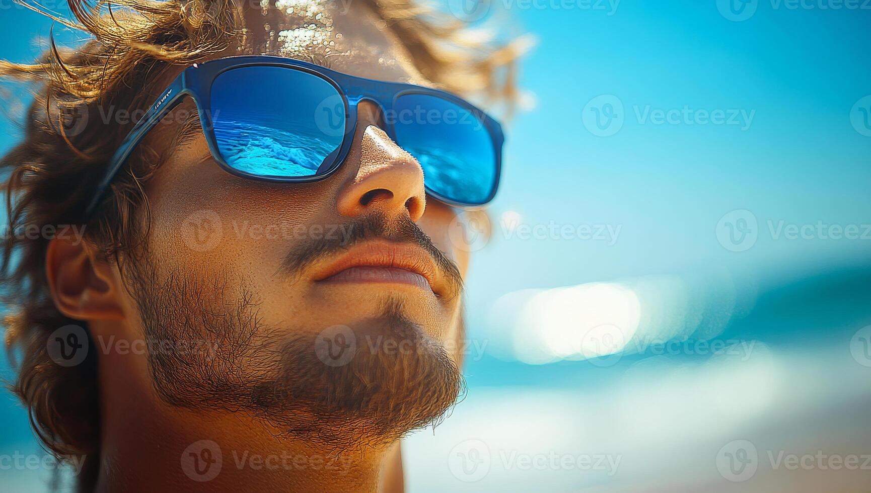 Young man in sunglasses enjoys beach day. A young man relaxes on the beach under the sun, wearing sunglasses and enjoying a peaceful moment by the ocean. photo