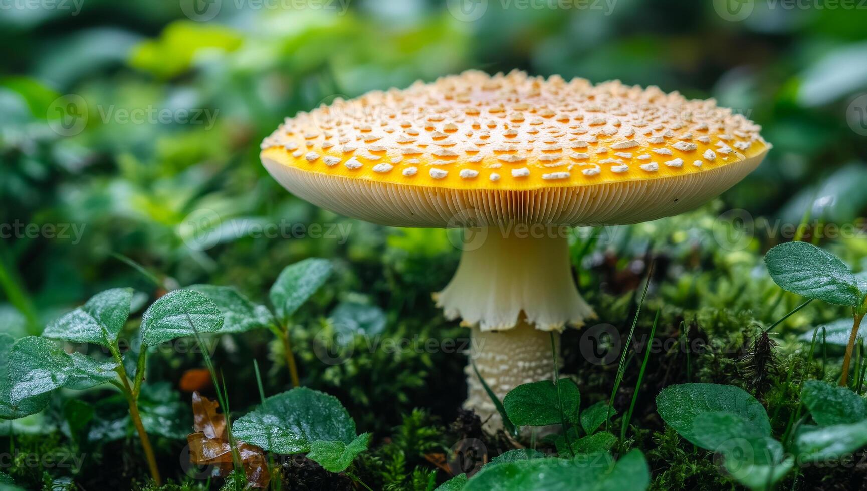 Unique yellow mushroom growing in a lush forest. A bright yellow mushroom with distinctive spikes stands out among green foliage in a vibrant forest setting. photo