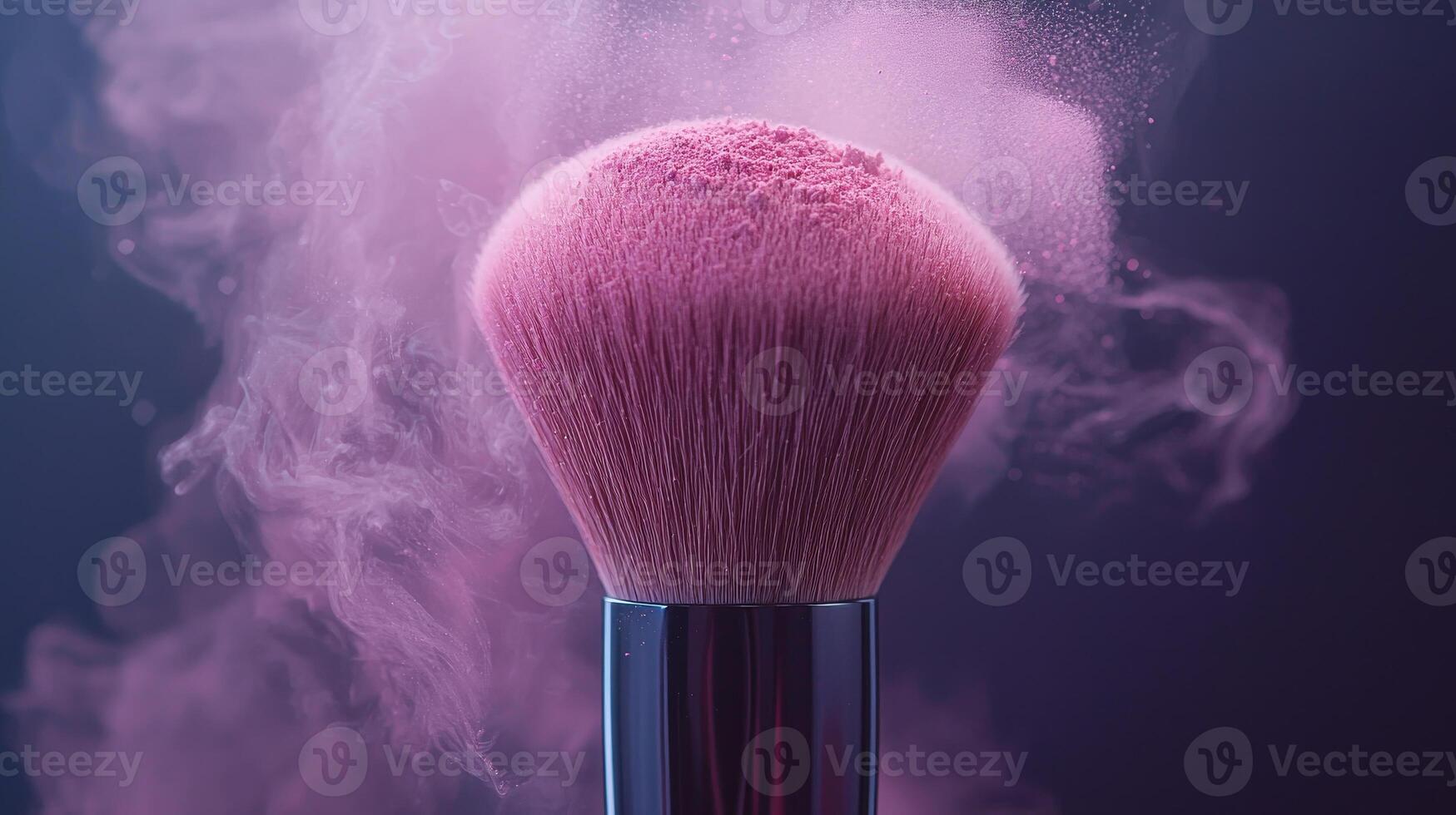 Soft pink blush powder swirling from makeup brush. A fluffy brush releases soft pink blush powder, clouding the air, perfect for makeup application. photo