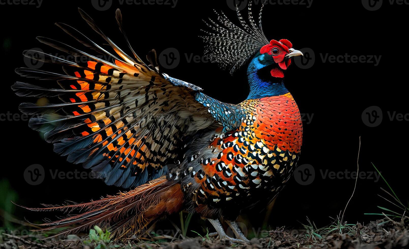 Colorful pheasant displaying feathers in nature. A colorful pheasant displays its vibrant feathers in a natural setting, highlighting its beauty. photo