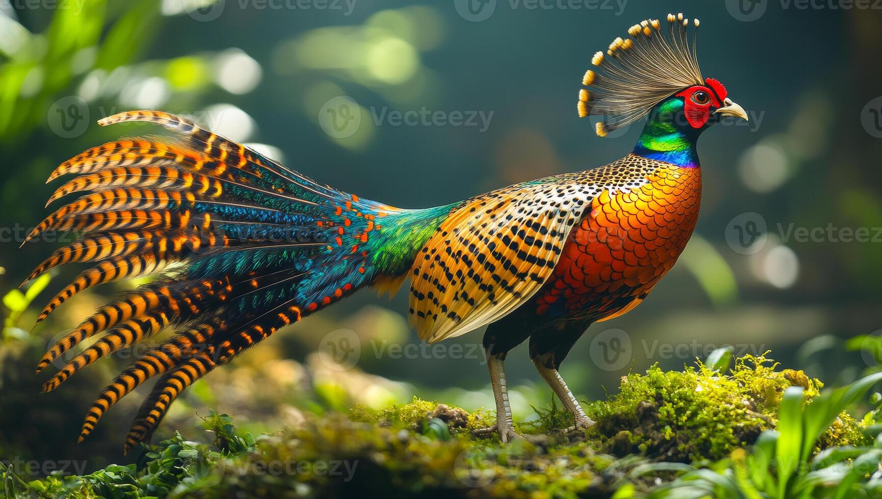 Colorful bird displaying vibrant plumage in nature. A striking bird with bright feathers stands on moss in a lush forest, showcasing its colorful plumage during daylight. photo