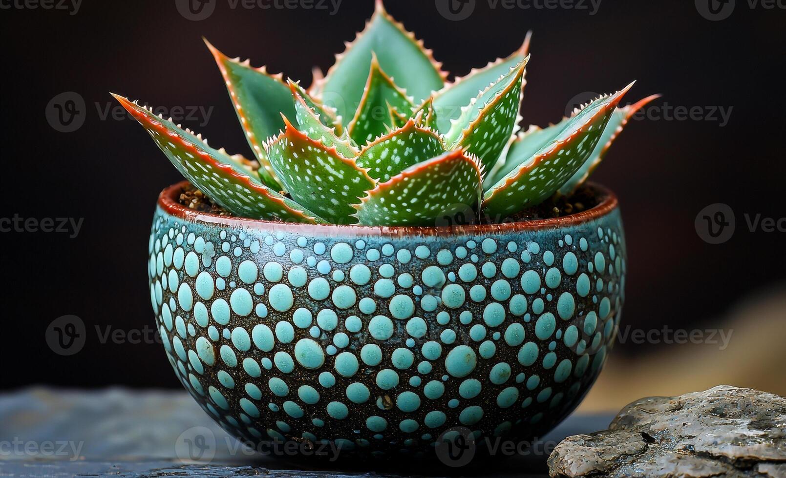 Vibrant, unique potted succulent. A striking succulent plant sits in a decorative pot, showcasing intricate patterns and vibrant green hues. photo