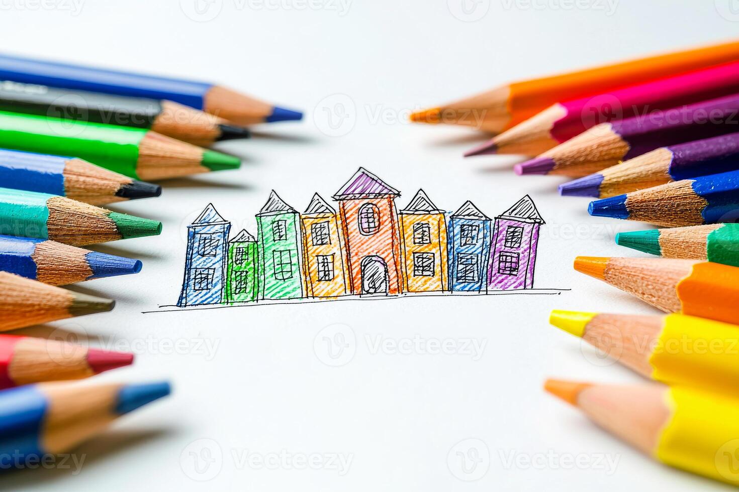 Drawing of colorful houses surrounded by crayons. Brightly colored crayons frame a hand-drawn sketch of charming houses, showcasing creativity and artistic expression. photo