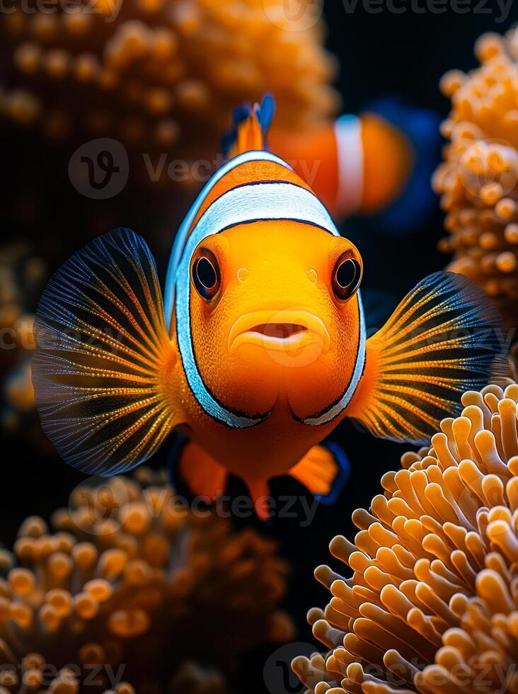 Colorful clownfish swimming among coral reefs. A vibrant clownfish explores a sea of orange coral, showcasing its bright colors in a tranquil underwater habitat. photo