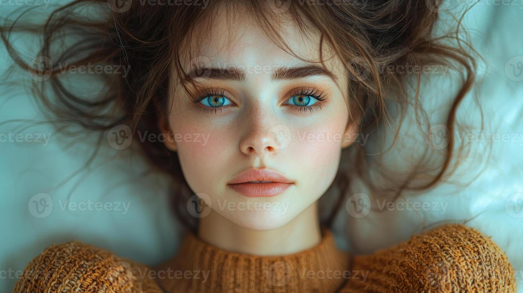 Close-up of a young woman with striking blue eyes. A young woman lies on a soft surface, her hair tousled and blue eyes staring at the camera with a serene expression. photo