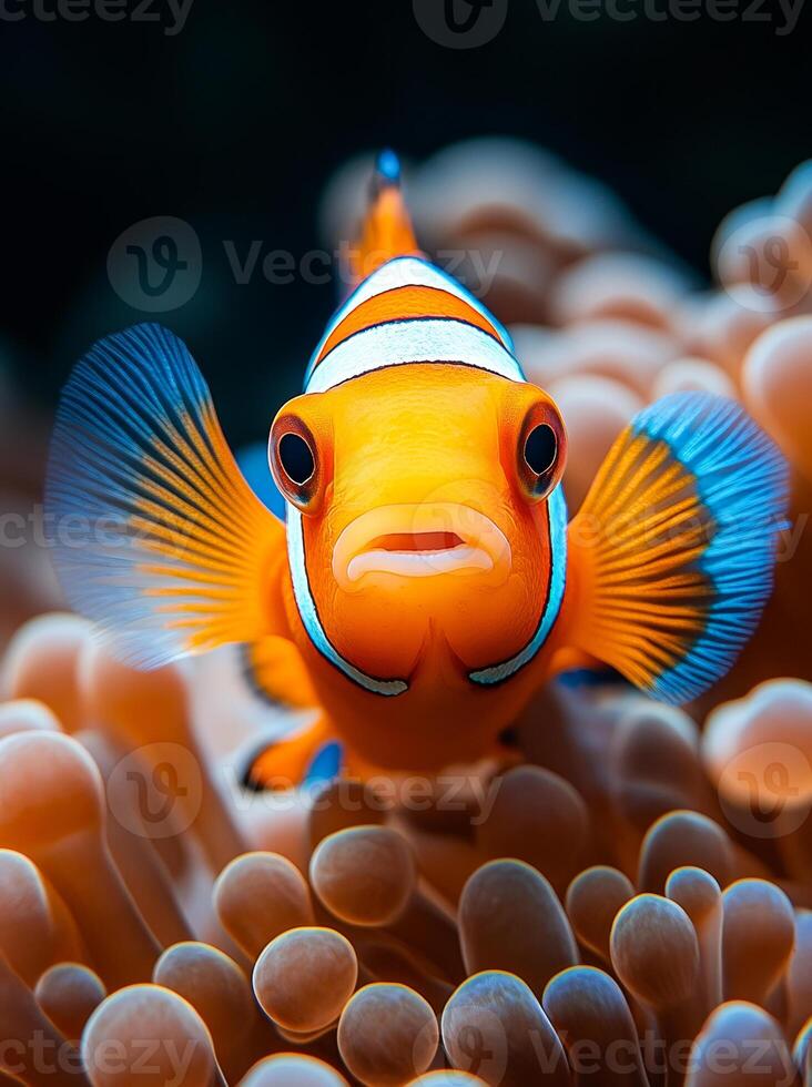 Colorful clownfish swimming among coral in ocean. Bright orange clownfish explores coral reefs, showcasing its vibrant colors and unique fins in crystal clear water. photo