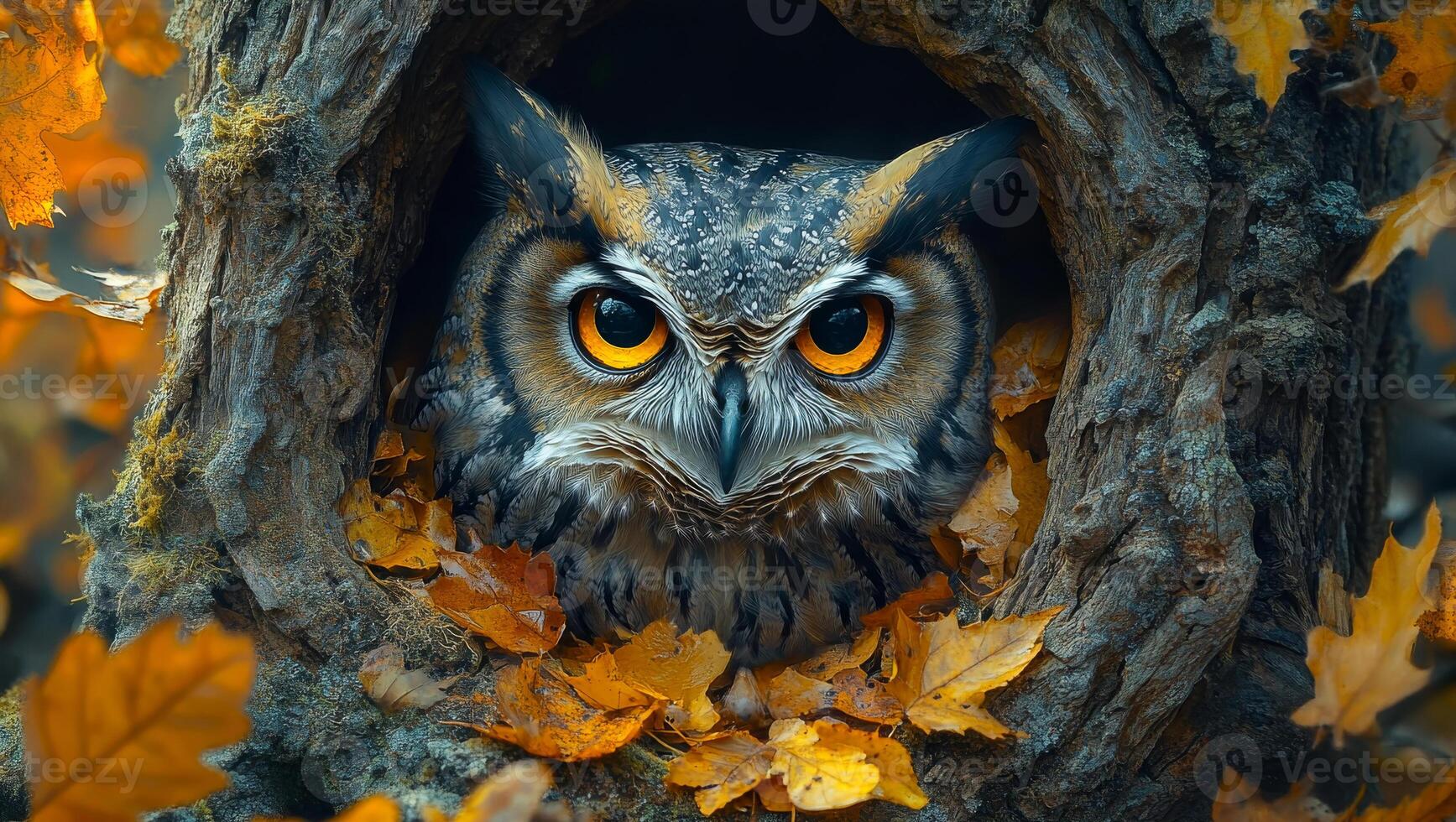 Owl in tree hollow with autumn leaves. A majestic owl peers from its tree hollow, framed by vivid autumn leaves in a tranquil forest setting. photo