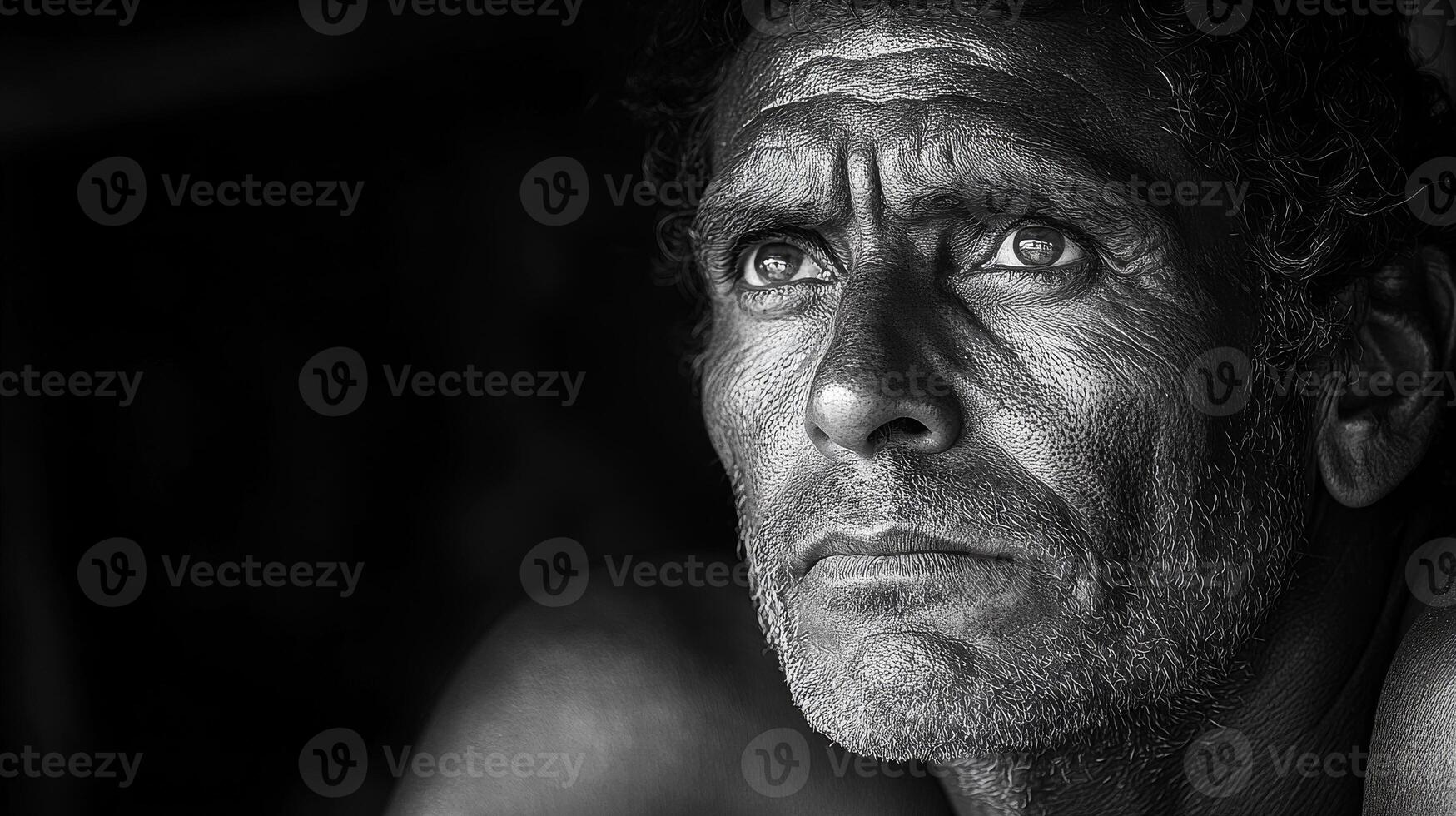 Reflective man with expressive features. A man gazes thoughtfully, his expressive face showing emotion and depth in a dimly lit environment. photo