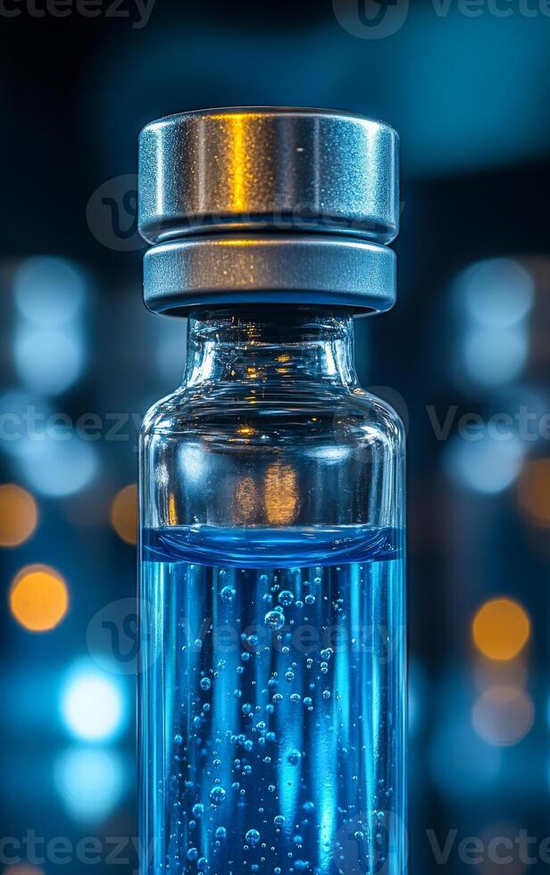 Close-up view of a blue vial with bubbles. A glass vial filled with blue liquid shows bubbles inside, illuminated by soft ambient light in the background. photo