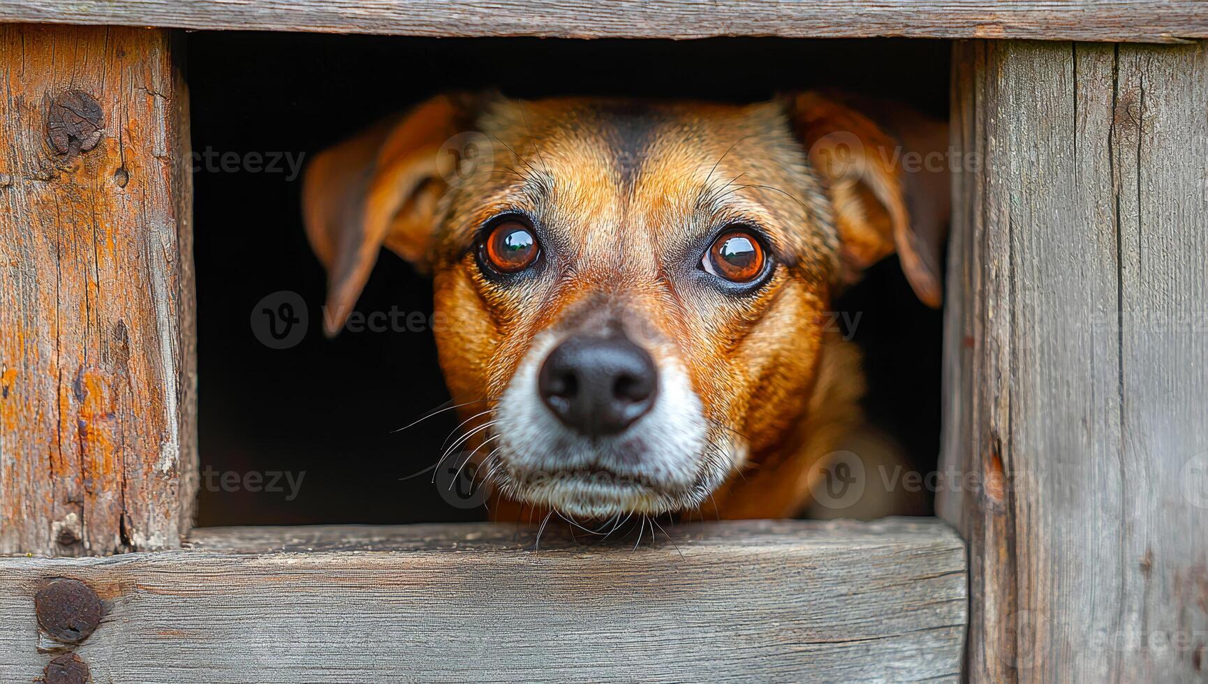 Dog curiously peers through fence. A brown dog with expressive eyes looks curiously through a gap in a weathered wooden fence, showing interest. photo