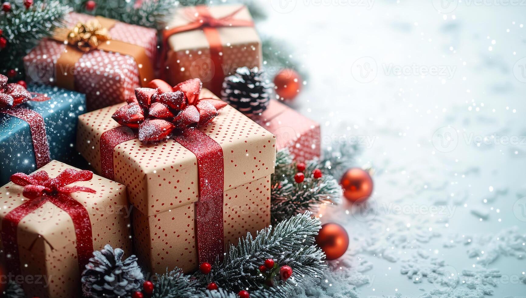Christmas presents arranged with festive decor. Wrapped gifts with ribbons and ornaments surrounded by pine branches and snowflakes create a cozy holiday atmosphere. photo