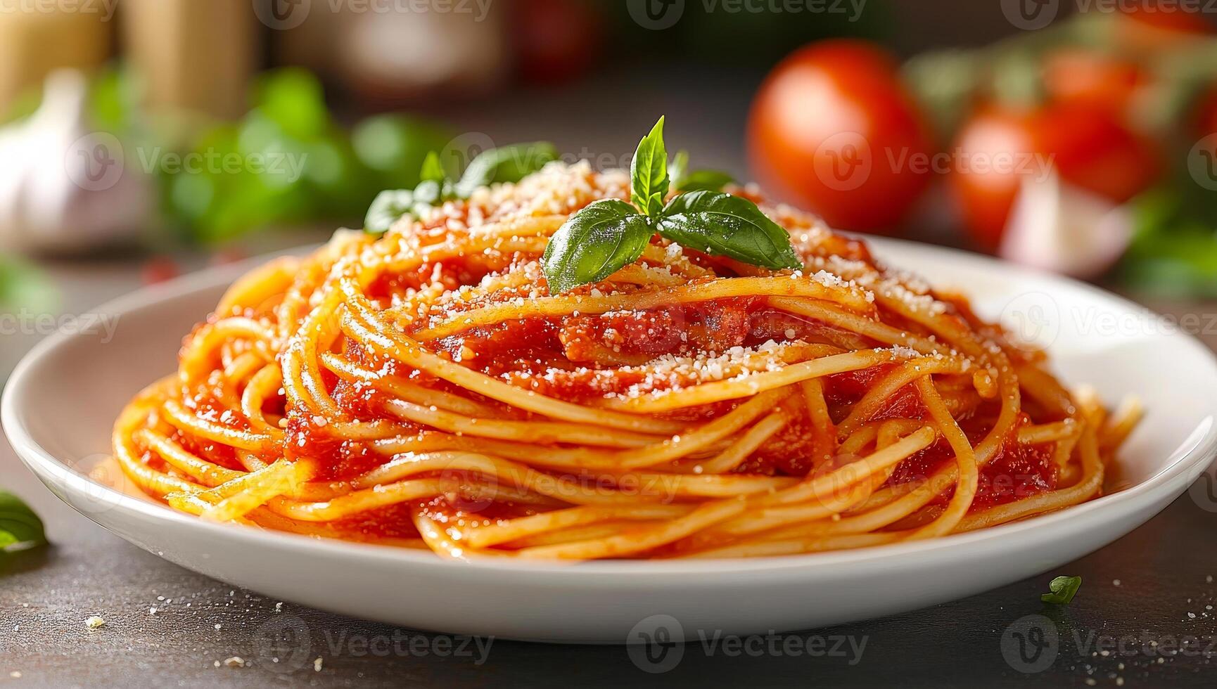 Delicious spaghetti with tomato sauce and basil. A plate of spaghetti topped with rich tomato sauce, fresh basil, and grated cheese, garnished with cherry tomatoes. photo