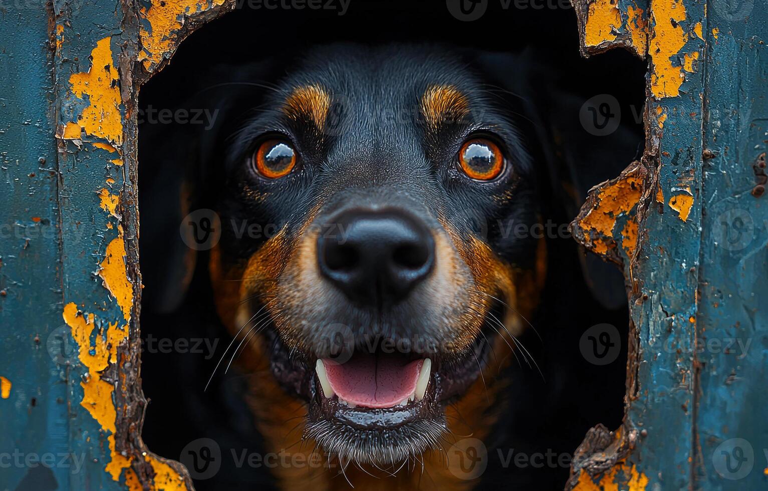 Dog peeking through a rusty door at sunset. A curious dog with bright eyes is peeking through a rusty hole in a weathered door during the evening light. photo
