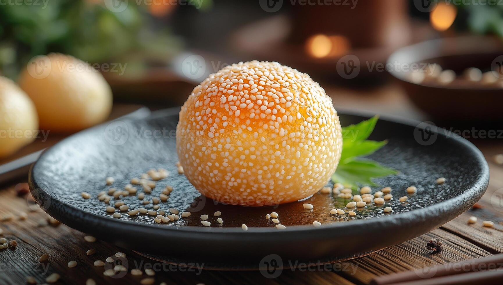 Delicious sesame ball dessert on a black plate. Freshly made sesame ball placed on a black plate surrounded by sesame seeds, showcasing tempting texture and color. photo