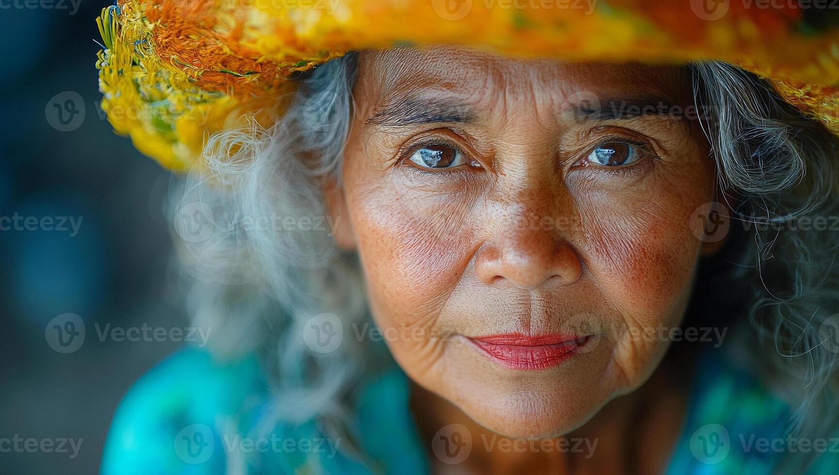 A woman with a yellow hat and red lipstick. She has a serious expression on her face. The hat is yellow and has a pattern on it photo