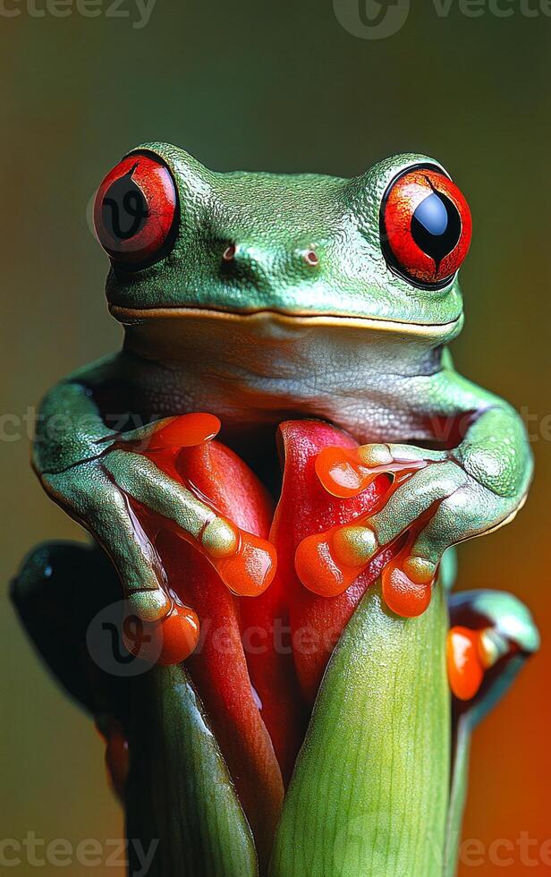 A frog is sitting on a leaf with a red flower. The frog has red eyes and is looking at the camera photo