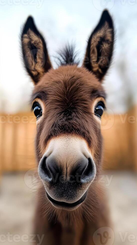 A baby donkey with a big smile on its face. The donkey is looking directly at the camera photo