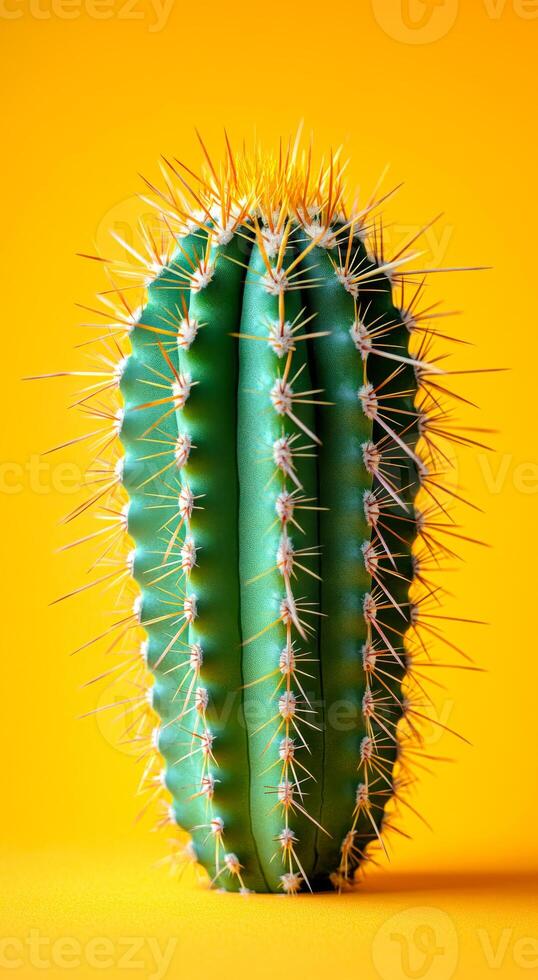 A green cactus with a yellow background. The cactus is the main focus of the image photo