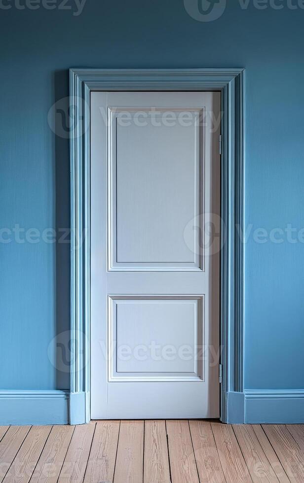 A white door with a blue wall in the background. The door is open and the room is empty photo