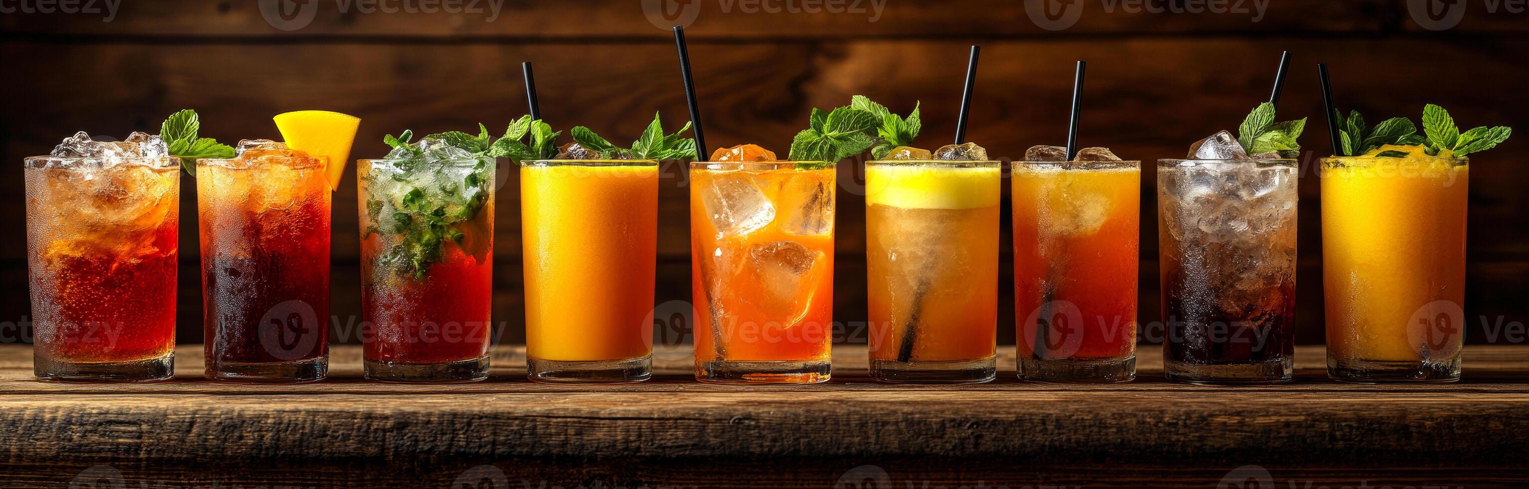 A row of drinks on a table, including a variety of juices and sodas. The drinks are lined up in a row, with some being closer to the front and others further back. The table is wooden photo
