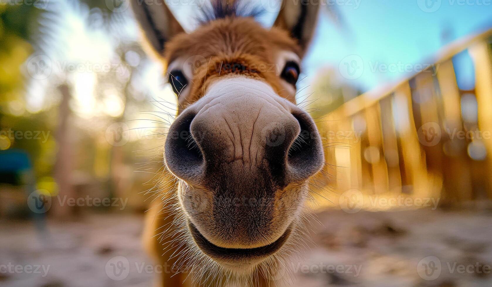 A donkey with a big nose is looking at the camera. The image has a playful and lighthearted mood, as the donkey appears to be smiling and looking directly at the viewer photo