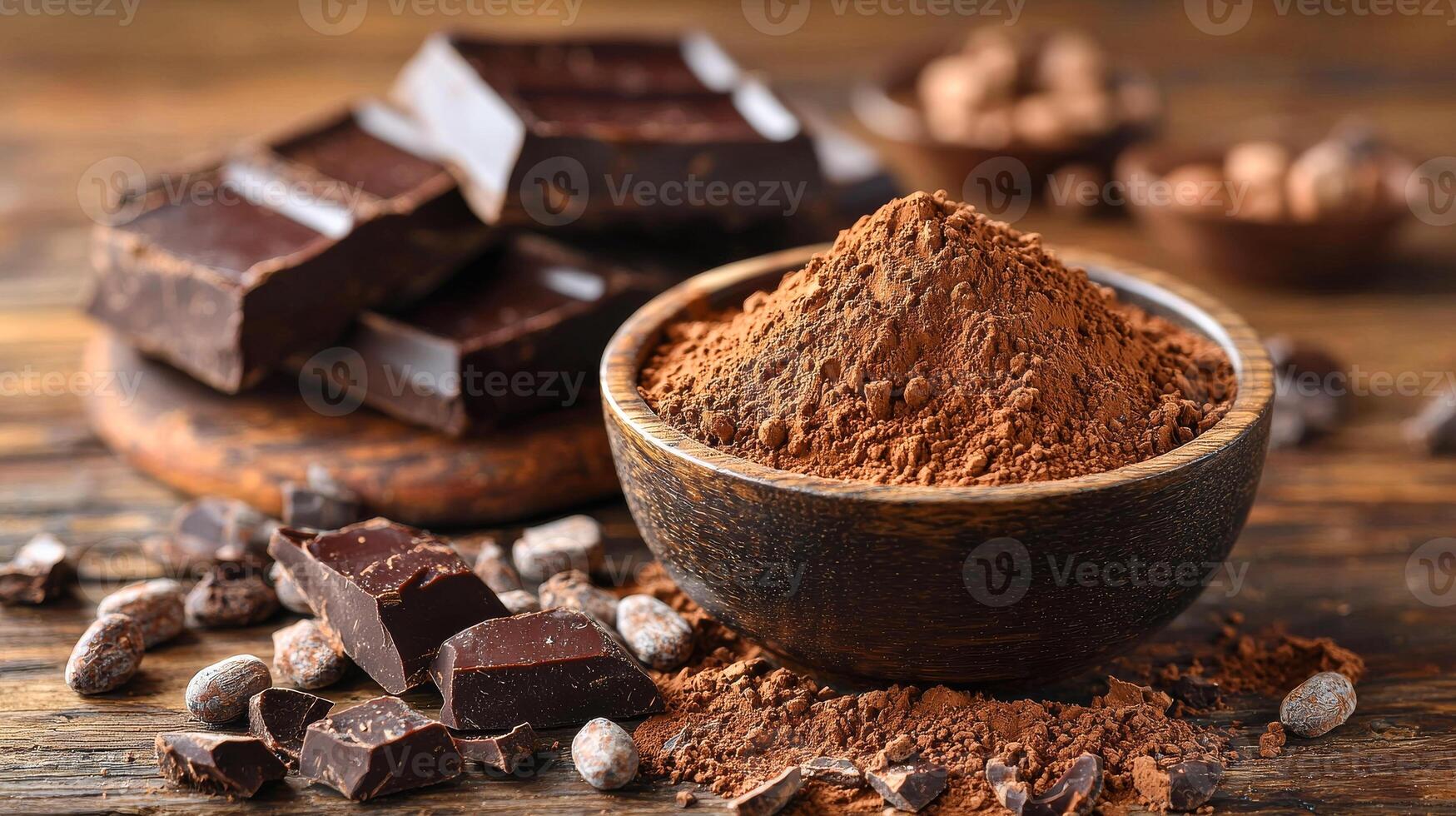 A bowl of chocolate powder is on a wooden table with a few pieces of chocolate. Scene is warm and inviting, as the chocolate is a popular treat that many people enjoy photo