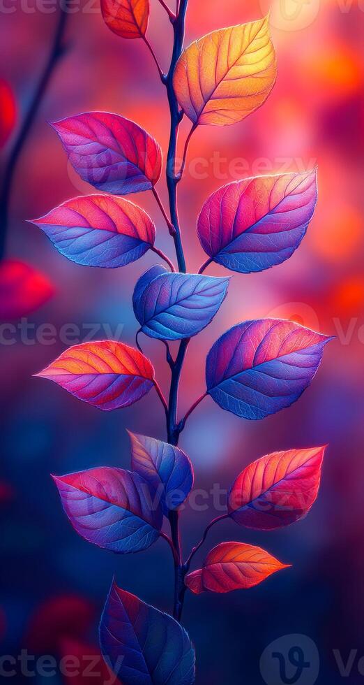 A colorful leafy branch with a blue leaf in the middle. The rest of the leaves are orange photo