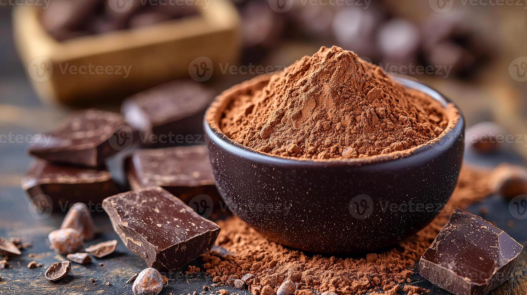 A bowl of chocolate powder is on a table with chocolate chips. The bowl is full of chocolate powder and the chips are scattered around it photo