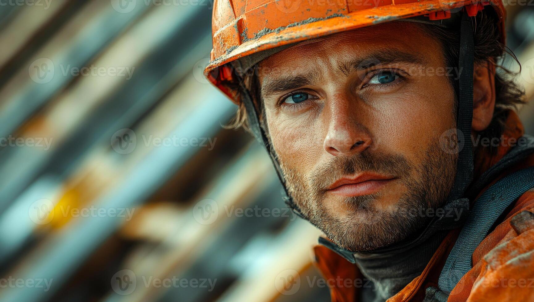 A man wearing an orange helmet and safety gear. He has a serious look on his face. Concept of caution and responsibility photo