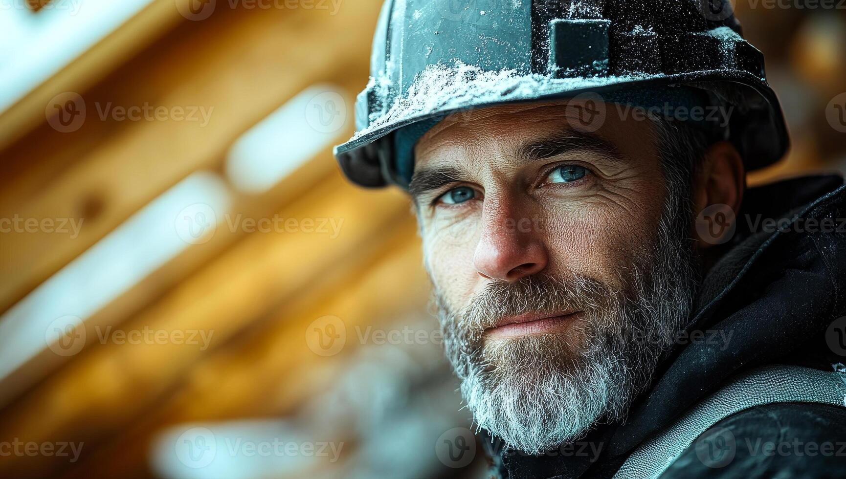 A man with a beard and a hard hat is standing in front of a wooden wall. He looks tired and cold photo