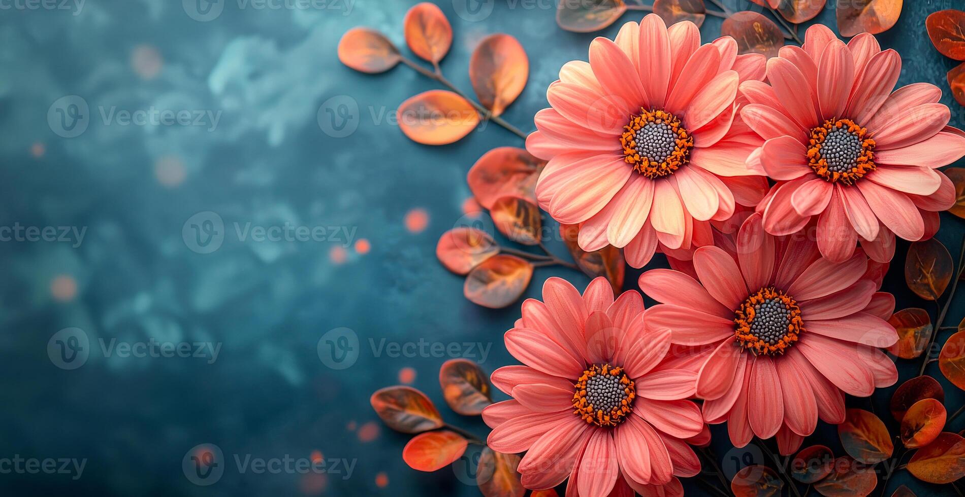 A bouquet of pink flowers is arranged on a blue background. The flowers are in full bloom and are the focal point of the image. The blue background provides a calming and serene atmosphere photo