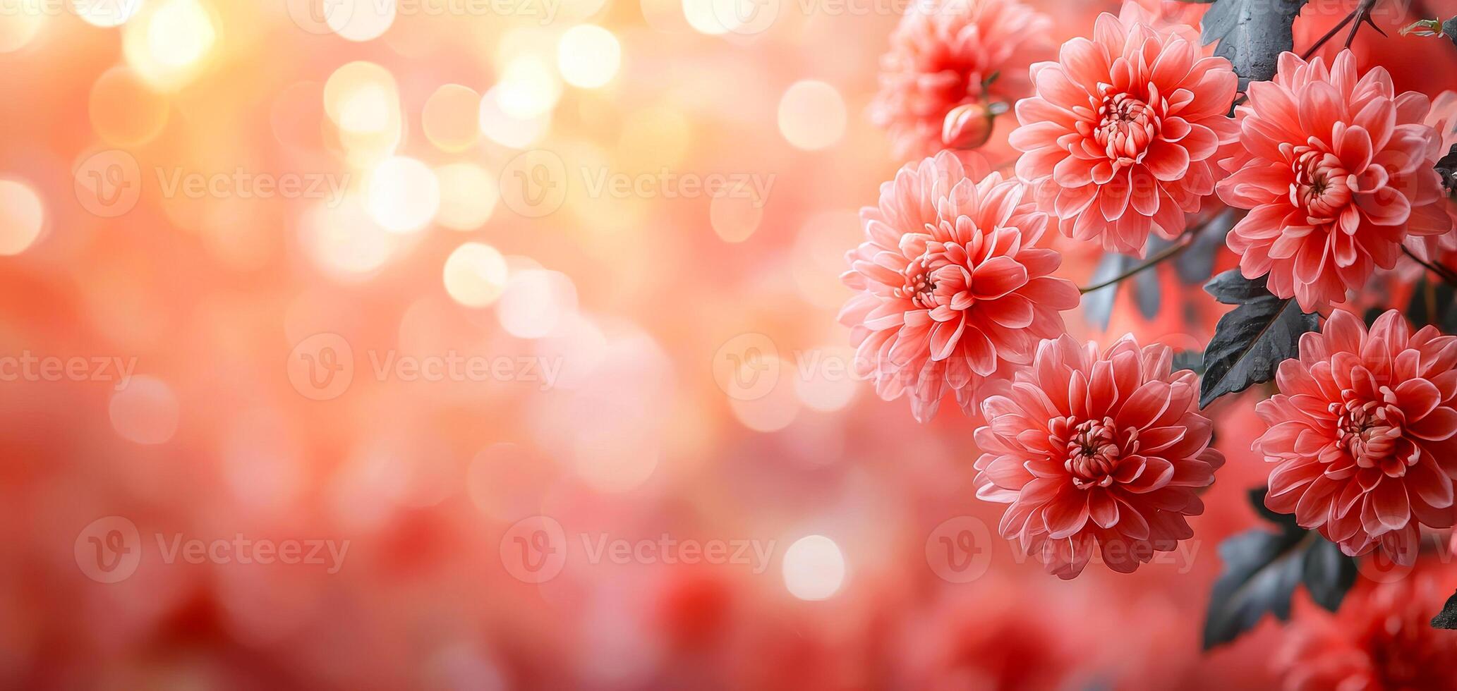 A close up of a bunch of red flowers. The flowers are in full bloom and are arranged in a way that they look like they are in a vase. The background is a blurry orange and pink color photo