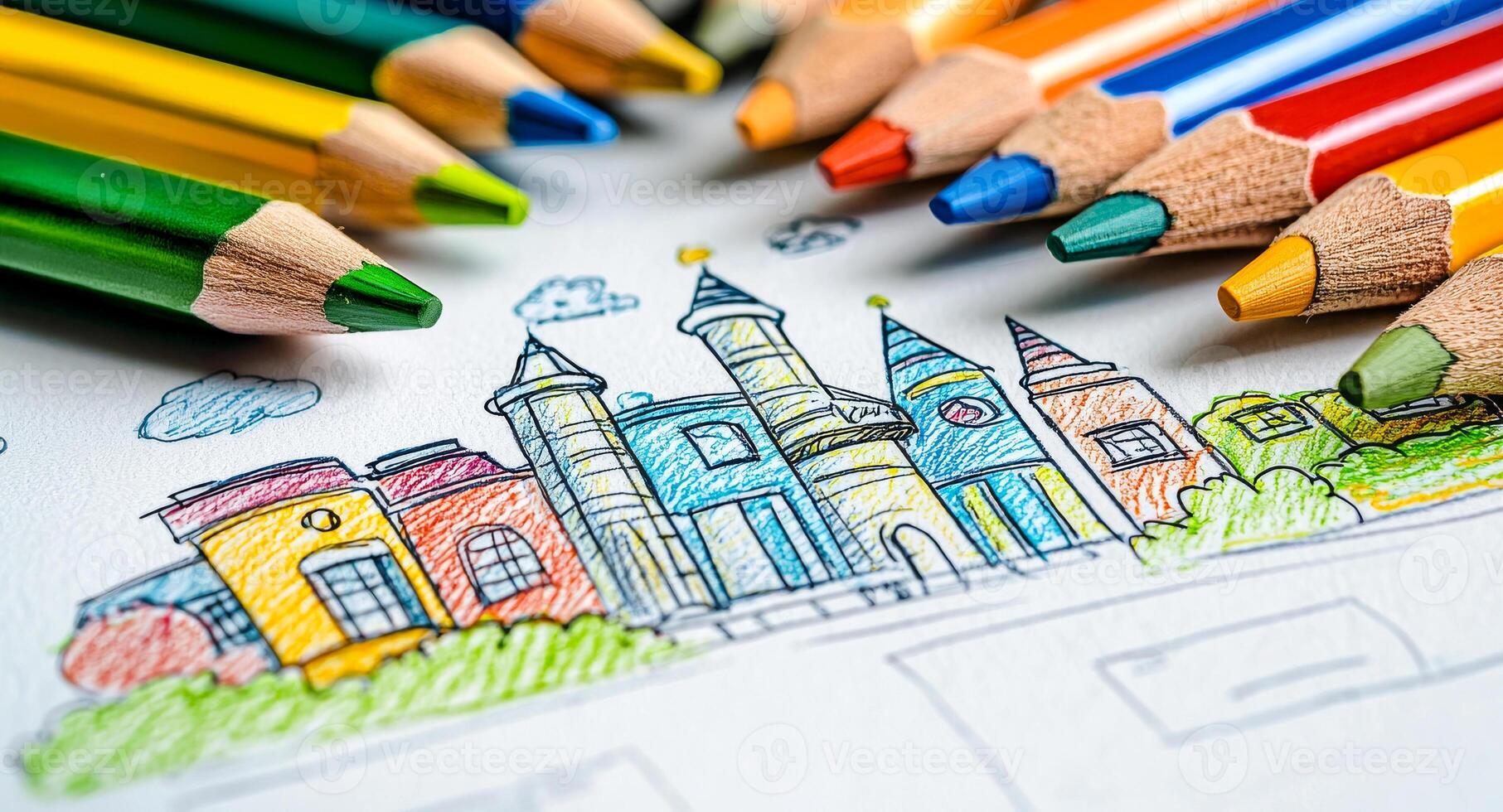 A drawing of a cityscape with buildings and trees. The drawing is colorful and lively, with a sense of creativity and imagination. The use of different colors photo