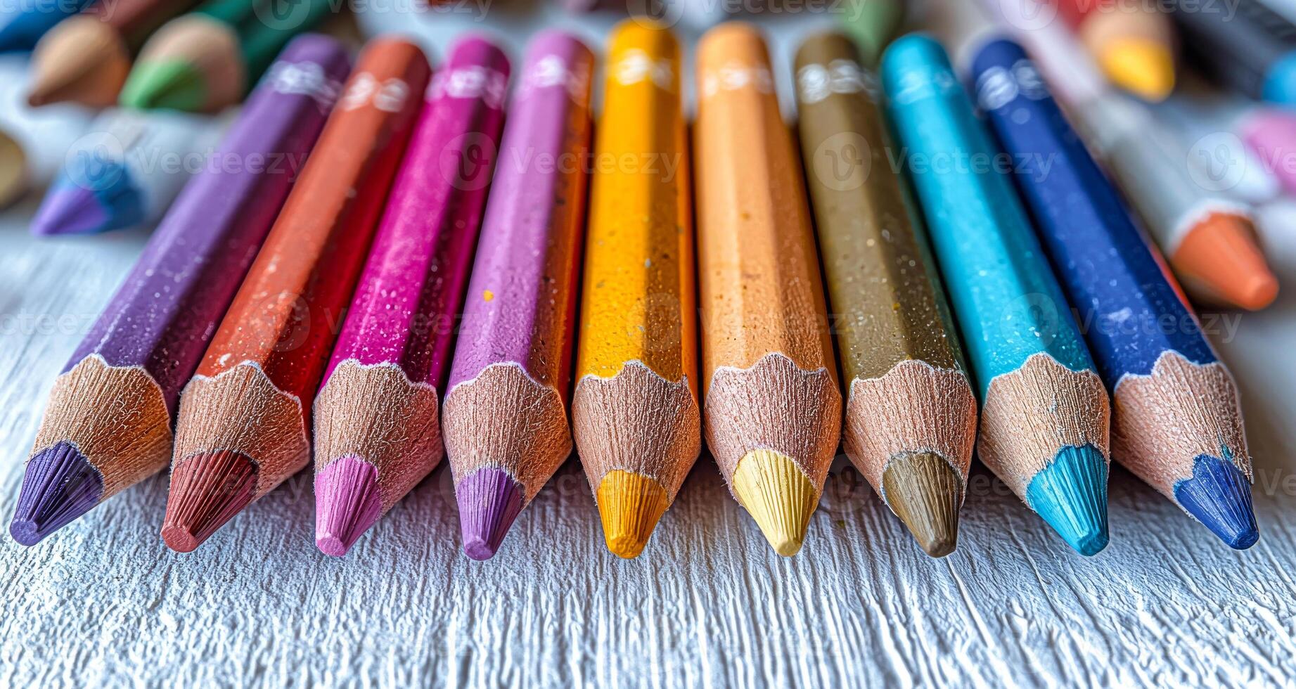 A row of colored pencils are lined up on a table. The pencils are of different colors and sizes, and they are all sharpened. Concept of creativity and organization photo