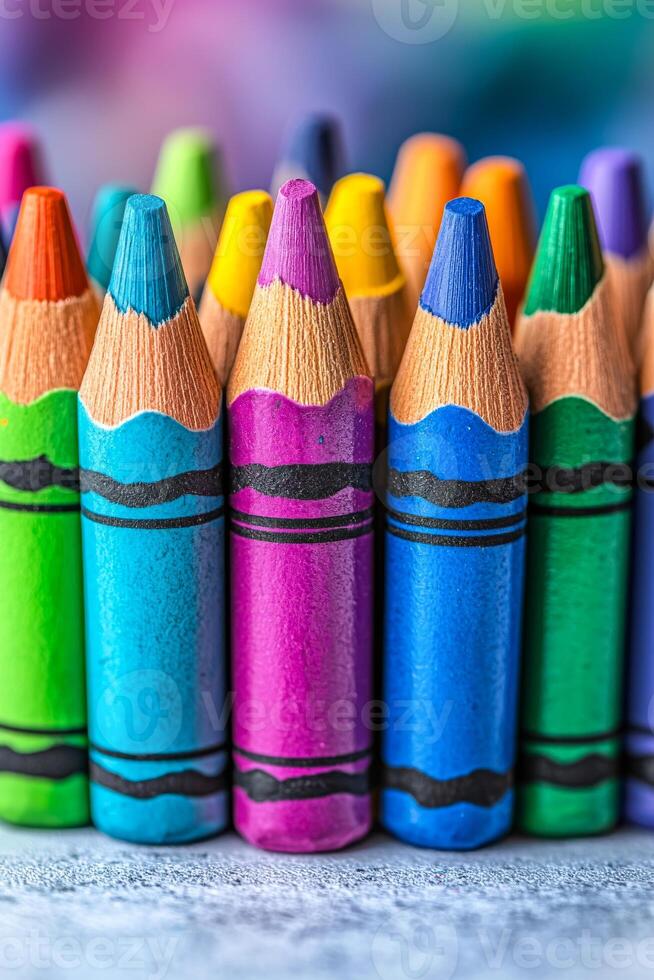 A row of crayons with different colors. The colors are arranged in a line, with the blue crayon in the middle photo