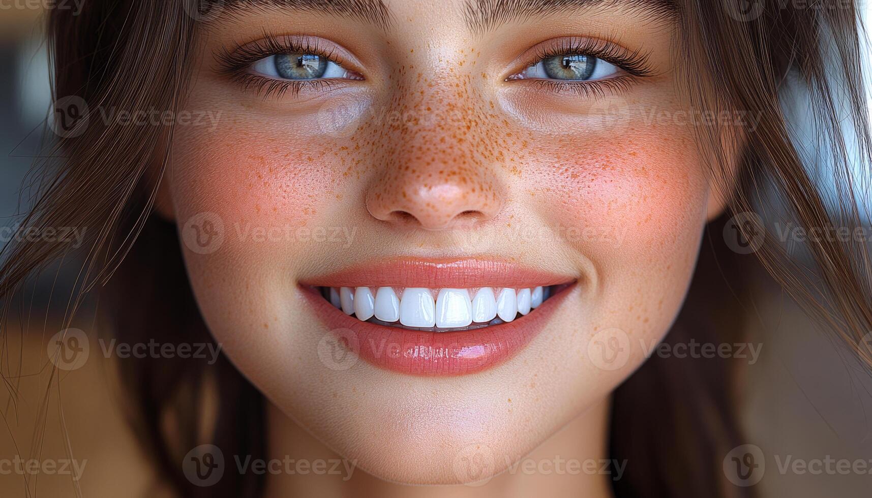 A woman with a smile on her face and a pinkish tint to her lips. She has a lot of freckles on her face photo