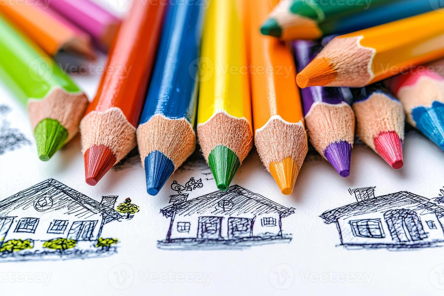 A drawing of houses is on a white background with a bunch of colored pencils on top of it photo