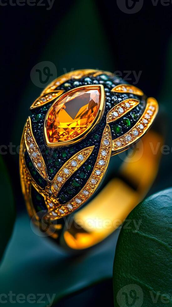 A gold and green ring with a large orange stone in the center. The stone is surrounded by diamonds and other precious stones. The ring is set in a leafy green background, giving it a natural photo
