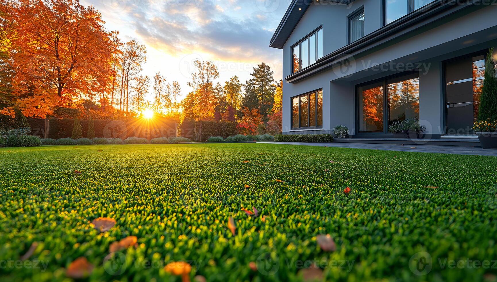 A house with a large lawn and a tree in the background. The lawn is green and the leaves are yellow photo