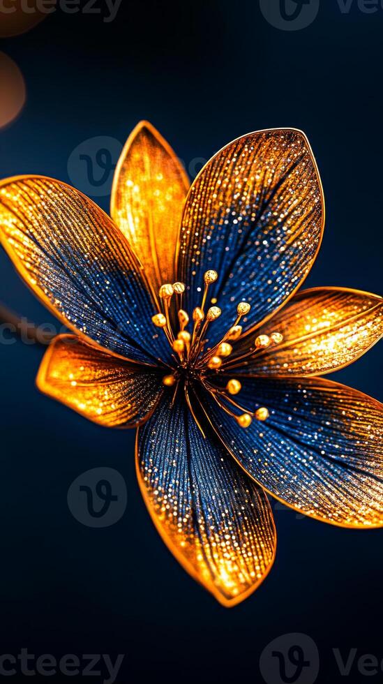 A flower with blue and gold petals. The flower is surrounded by a blue background. The flower is very colorful and has a lot of sparkle photo