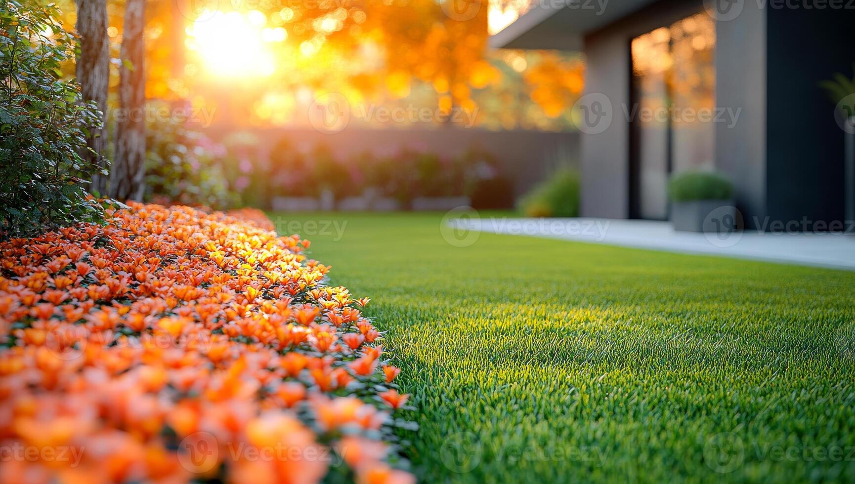 A beautiful garden with a house in the background. The garden is full of orange flowers and the grass is green. The sun is shining brightly, creating a warm and inviting atmosphere photo