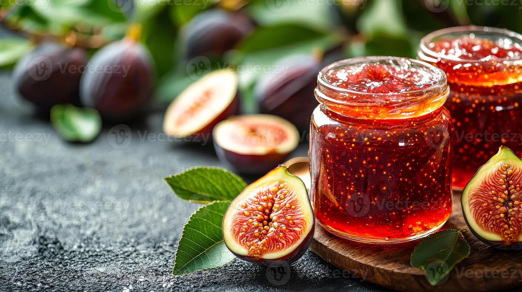A jar of jelly sits on a wooden table with a bunch of figs and leaves. The jelly is a deep red color and the figs are ripe and ready to eat. The scene is inviting and appetizing, with the figs photo