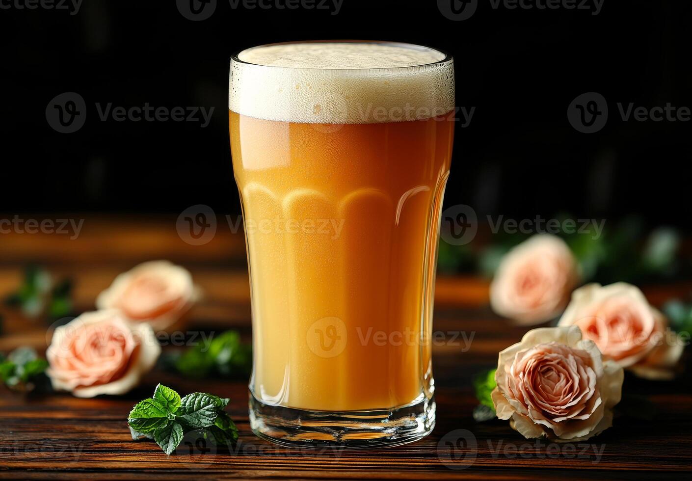 A glass of beer sits on a wooden table with a bunch of pink roses. The roses are scattered around the glass, creating a romantic and inviting atmosphere. The combination of the beer photo